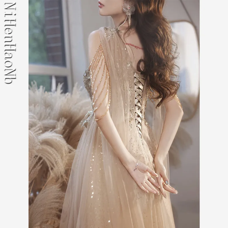 Vestido com decote em v, linha A, Beading, Lace Up, Longo, Form, Celebridades, Vestidos formais, Luxo, Champanhe, Elegante