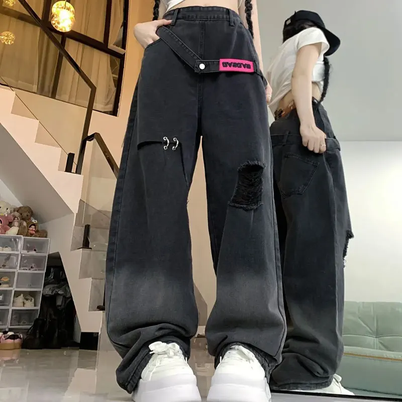 

Стильные рваные детали, контрастные сращенные джинсы, женская одежда, широкие брюки, свободные прямые брюки в американском стиле ретро