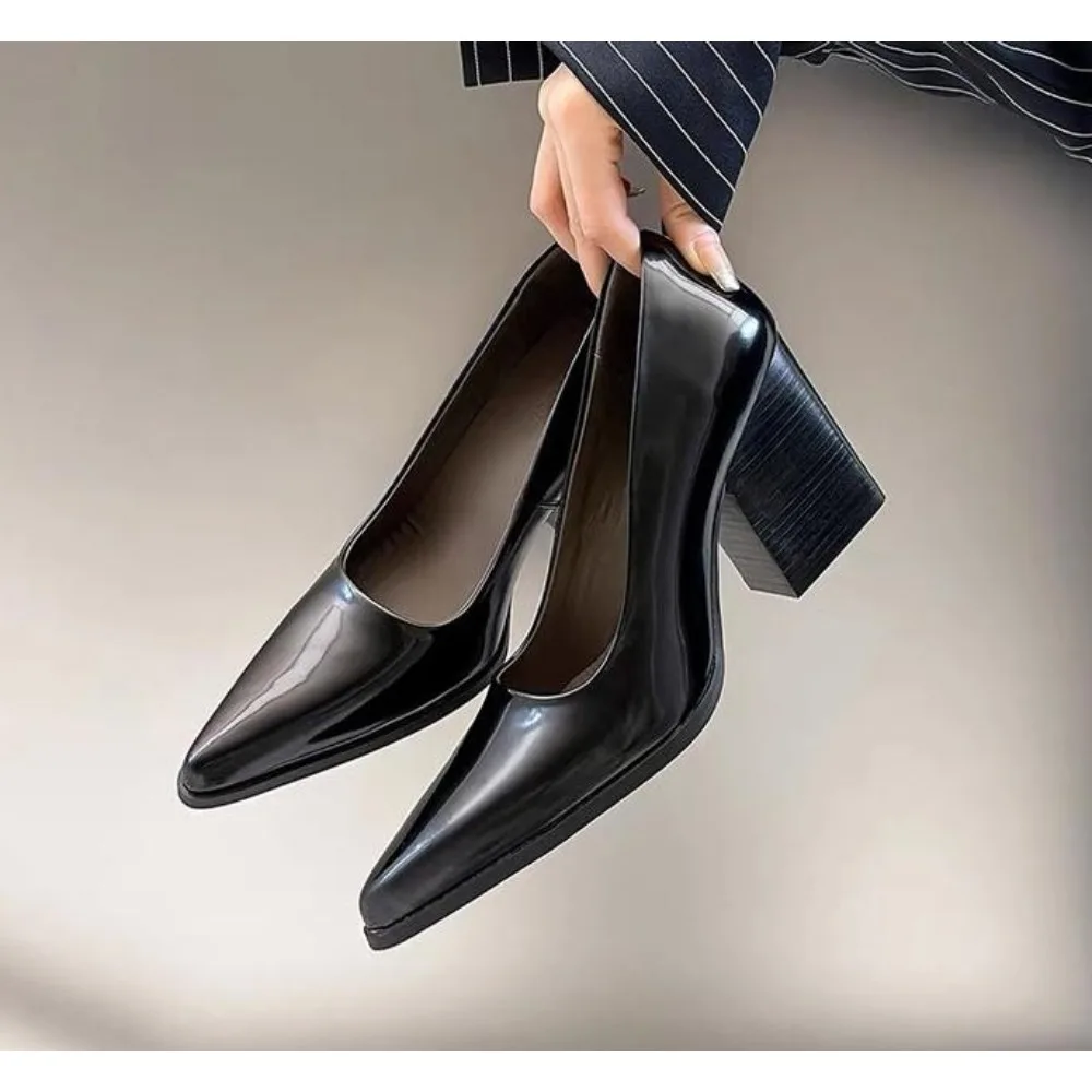 

Туфли на высоком каблуке, женские туфли с острым носком и неглубоким носком, женские модные туфли-лодочки на толстом каблуке, большие размеры 43, Zapatos Para Mujer