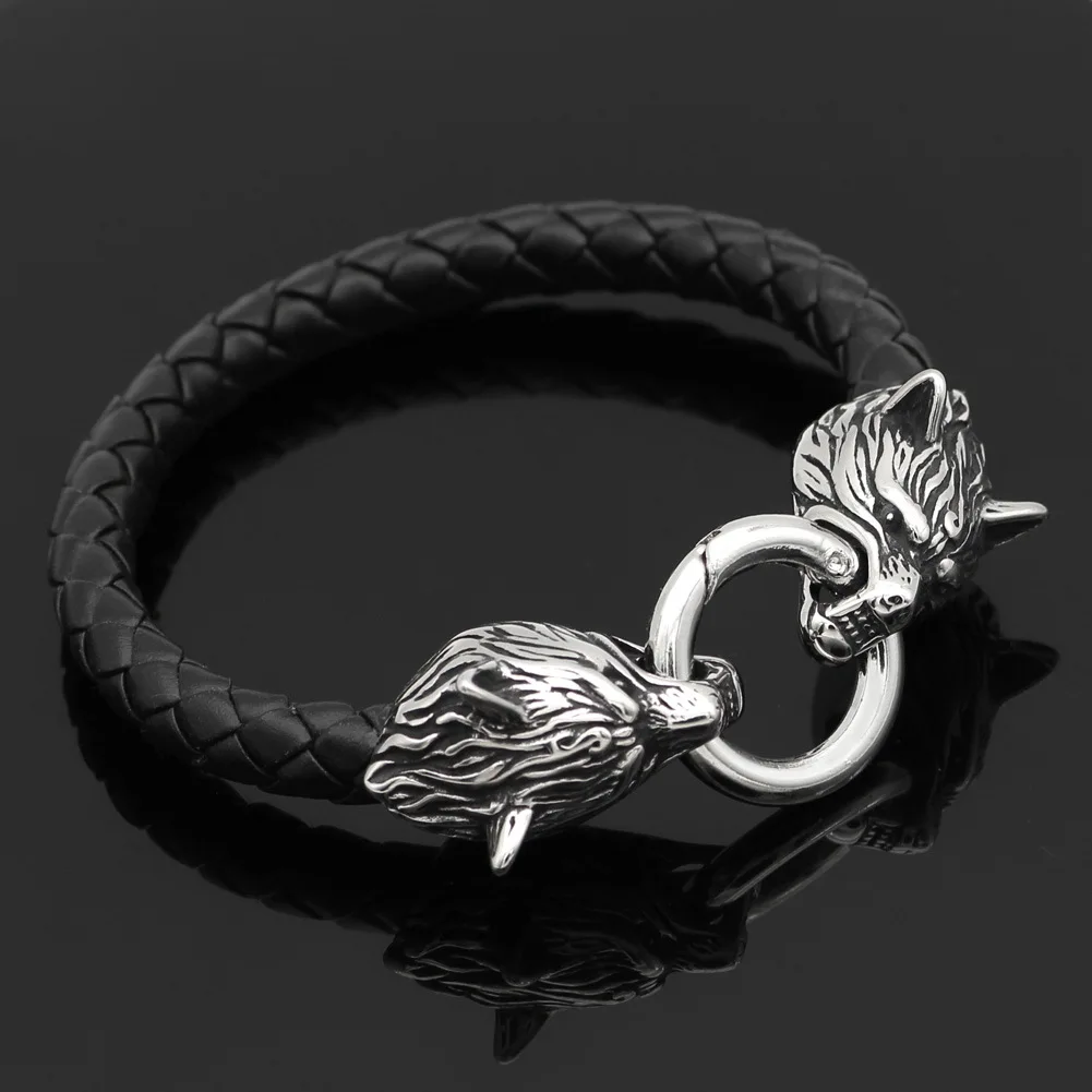 Domineering Nordic Viking Celtic Double Wolf Head Leather Bracelet Men's Punk Trendy Cool Jewelry