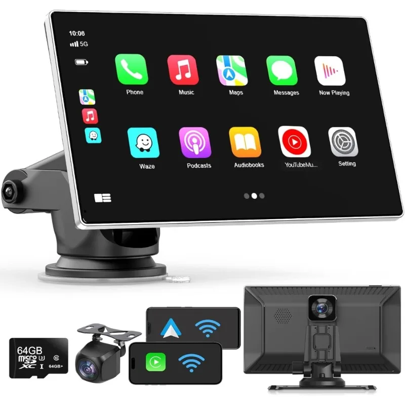 

Беспроводной Carplay Android Auto 9-дюймовый экран 4K Видеорегистратор 1080p Резервная камера DVR GPS-навигация Зеркальная связь Bluetooth FM