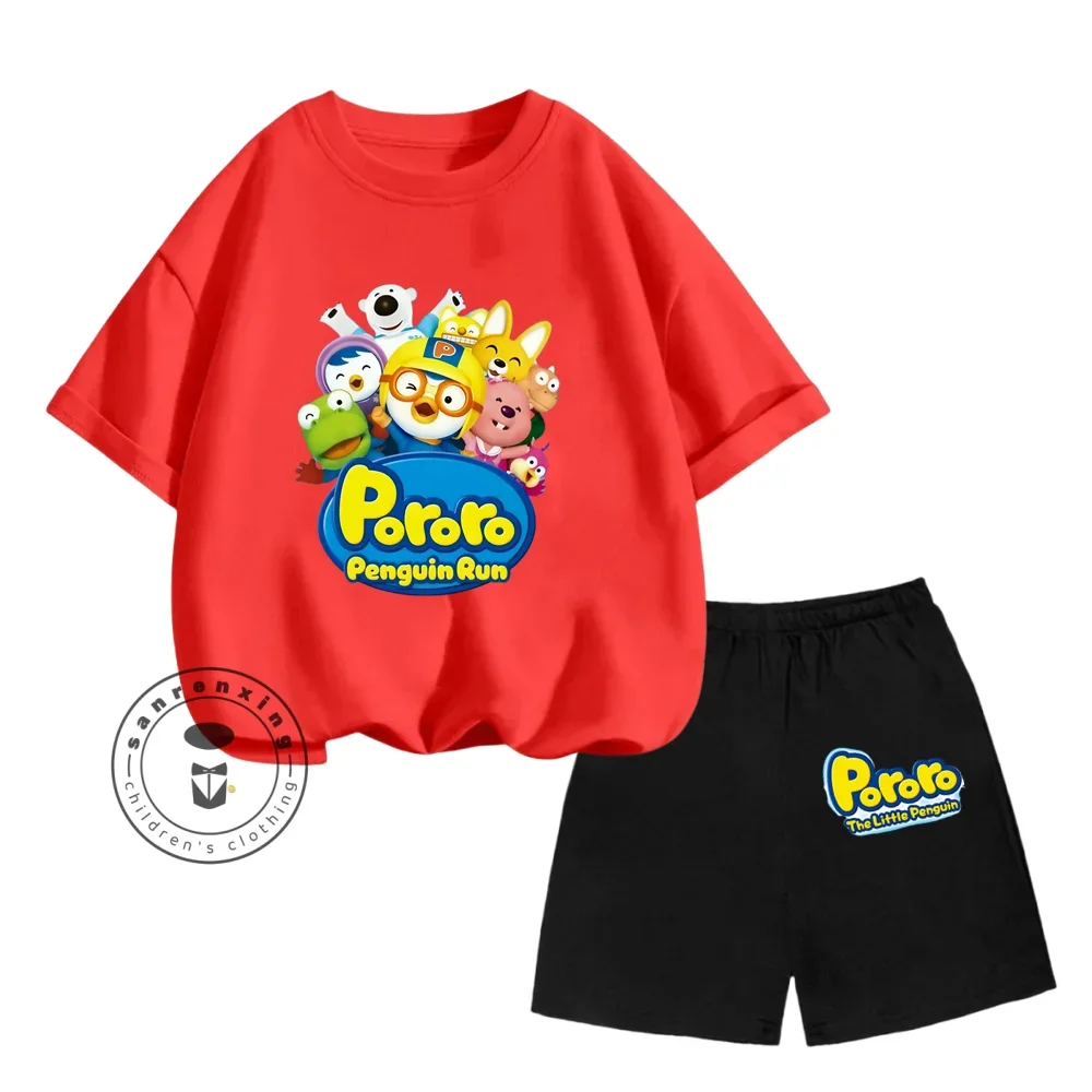 2024 estate calda Pororo coreano simpatico cartone animato stampa Design o-collo KawaiiT t-shirt + pantaloncini traspiranti larghi bambini Casual