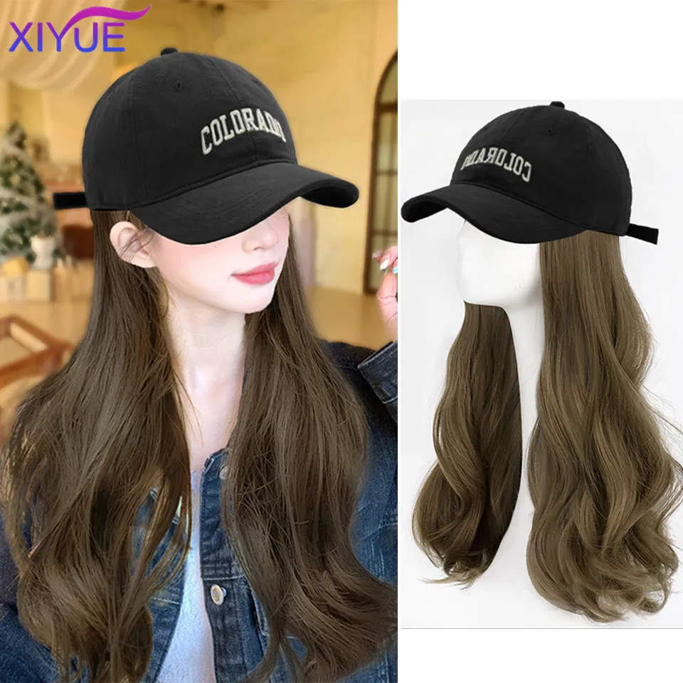 XIYUE gorra de béisbol con peluca y sombrero integrados, pelo largo y rizado, temperamento, reducción de edad, nueva cubierta de cabeza completa,