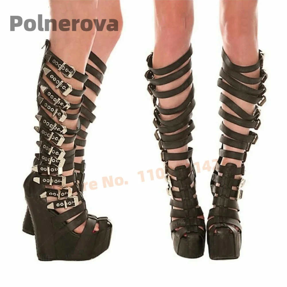 متعددة مشبك حزام منصة صندل أحذية النساء أبيض أسود جلد إسفين حذاء برقبة للركبة عالية الكعب أحذية الصيف سيدة الأحذية