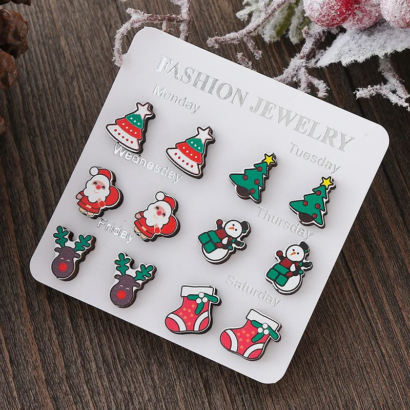 3/6 Pair Christmas Studs Earrings Set For Women Cute Santa Claus Elk Snowman Xmas Tree Wooden Earrings New Year Jewelry Gift