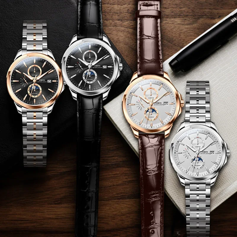 LOBINNI Jam Tangan Otomatis Tahan Air Dial 42Mm Bercahaya Tampilan Bulan 24 Jam Tanggal Akhir Pekan Klasik Multifungsi Pria