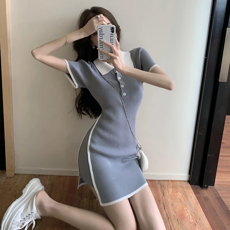 Vestido curto de malha com gola  e, tamanho pequ, sem mangas, slim fit, camada base, casual,  saia, cintura...