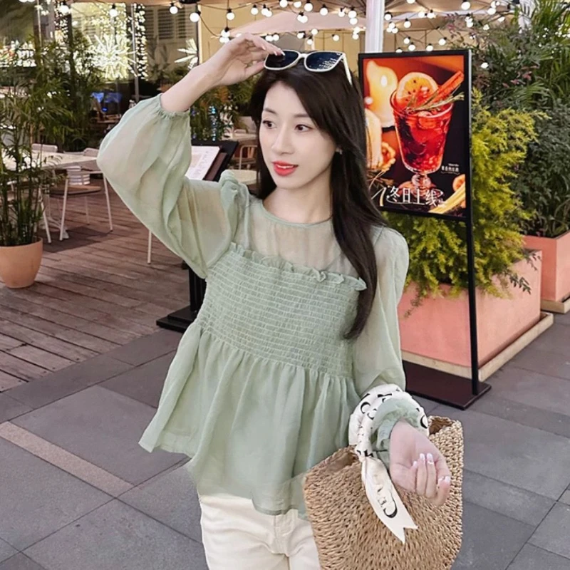 Shirts & Blouses for Women Chiffon Round Neck Woman Top with Puffy Sleeves Cool Elegant Social Clothing Trend 2024 Korean Style