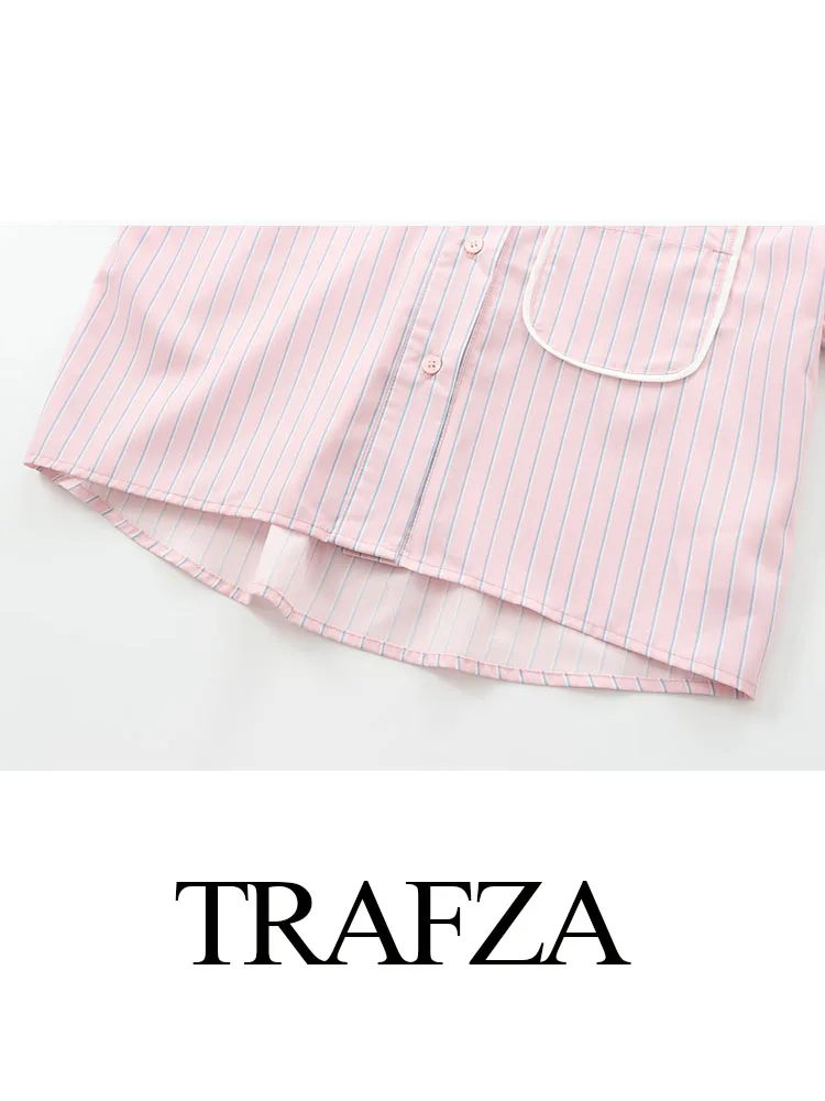 TRAFZA Women Fashion Blouses Solid Stripe Turn-Down Collar Long Sleeve Pocket Single Breasted Female Autumn Casual Shirts