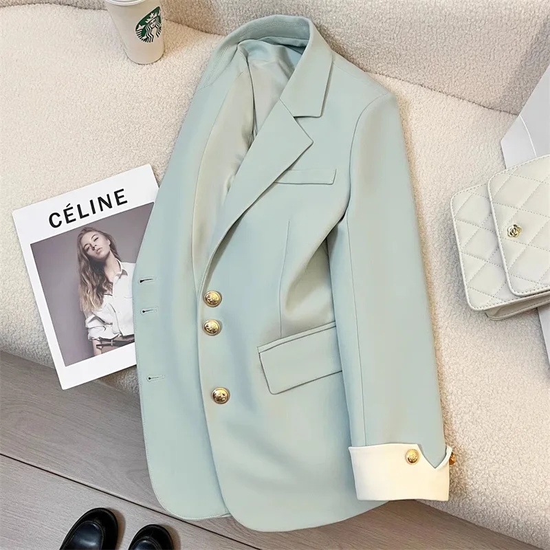 Elegant Office Patchwork Blazer Jas Vrouwen Losse Revers Lange Mouw Knop Past 2024 Vroege Herfst Mode Nieuwe Vrouwelijke Outwears