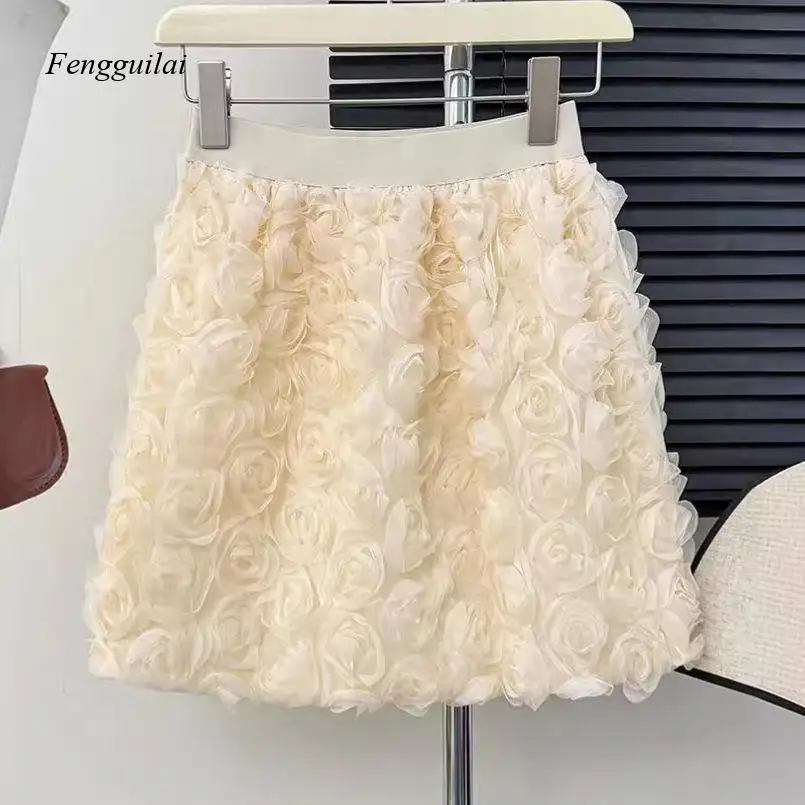 

Korean Style White High-Waisted Three-Dimensional Rose Flower Decorated Short Skirt