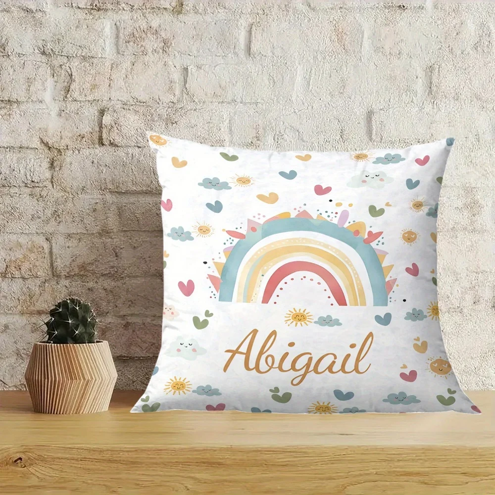 1Pc Personalized Custom Text/Name Heart and Rainbow Pattern Throw Pillow, Double-Sided Printed, Soft Plush Cushion with Insert