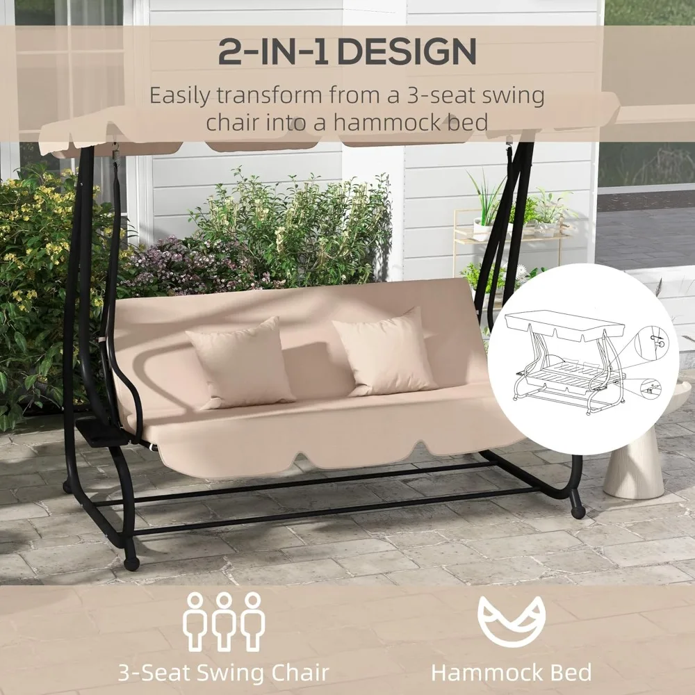 Balançoire de patio extérieur à 3 places, planaire de conversion, planeur de balançoire extérieur avec auvent réglable, coussin amovible