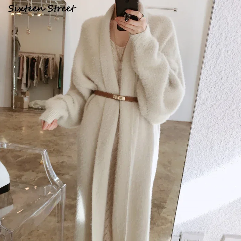 New Women Long Cardigan Fall Mink Cashmere Full-sleeve Oversized Cardigan Dress Woman Keep Warm Winter Woman's Clothing