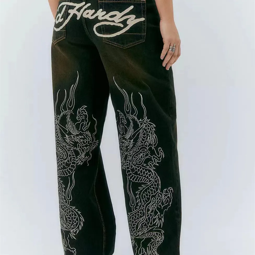 Retro American Double Dragon Embroidery Skateboard Pants Loose Street Hip Hop Print Jeans Long Trousers for Men Casual Straig...