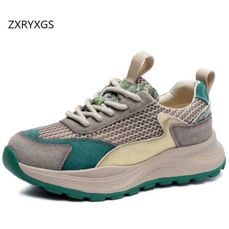 ZXRYXGS Matte Cowhide and Mesh Splicing Spell Color Travel Shoes Women Sneakers Casual Shoes Flat Non-slip Trend Shoes New 2026