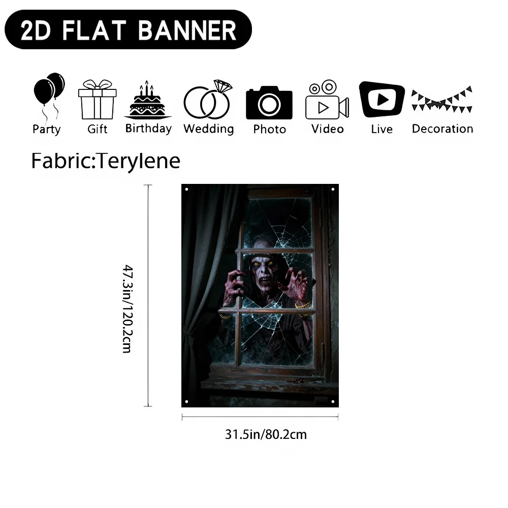 2D flat banner 1pc Halloween window banner background fabric. Horror zombie party theme window covering fabric