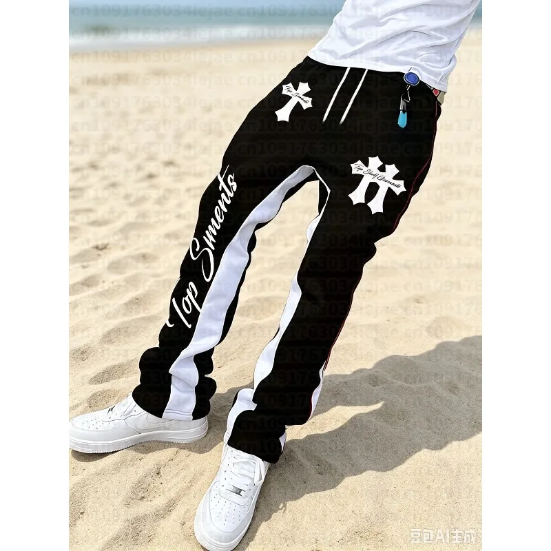 New Arrival High Street Men's Kid Versatile Cool Pattern Print Color-Block Drawstring Loose Fit Casual Sport Pants