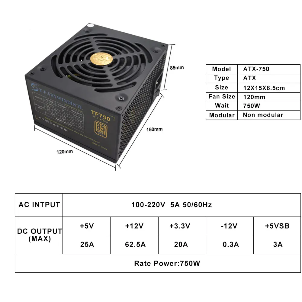 ATX 750 W Gold PSU 750 W Computer-Gaming-Netzteile für PC Dual-CPU-Spannung 100–240 V 120 mm leiser Lüfter