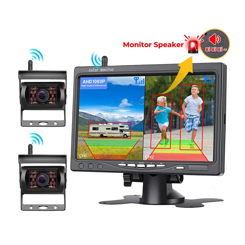2 كاميرا ركن السيارة اللاسلكية للرؤية الليلية بالأشعة تحت الحمراء مع شاشة AHD مقاس 7 بوصات مع إنذار النقطة العمياء BSD، للشاحنات/RV/المقطورة/المخيم/الرافعة الشوكية #1
