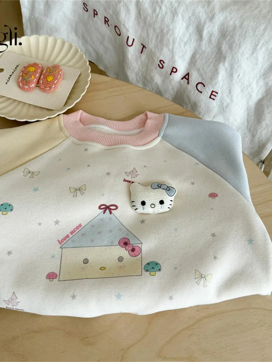 Girls' Cartoon Fce-Lined Long Sve Hoodie Autumn Winter Faion Baby Korean Sle Top Children's Clothing Winter Outfit