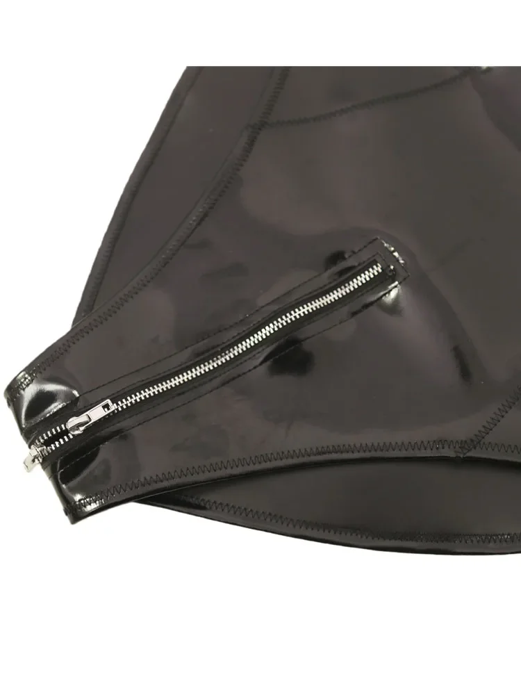 XS-4XL Double Sided PU Swimsuit Sleeveless Wet Look PVC Catsuit Zipper Open Crotch Bodysuit Tights Hot Sexy Cosplay Maid Leotard