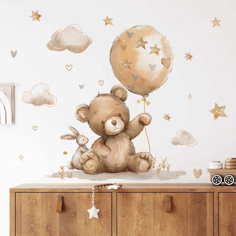 Cute Bear Balloon Wall Stickers for Kids Rooms Boys Girls Baby Room Decoration Child Wallpaper Nursery Decor Self-Adhesive Vinyl