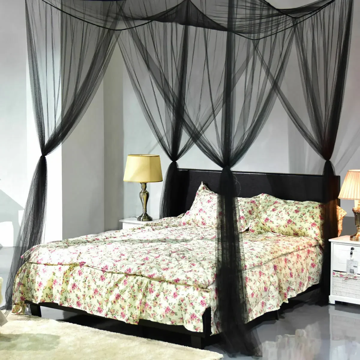 Four-Door Sexy Mosquito Net Canopy - King/Queen Double Bed Size, Elegant Black Color Luxurious Palace Netting Prevent Insect