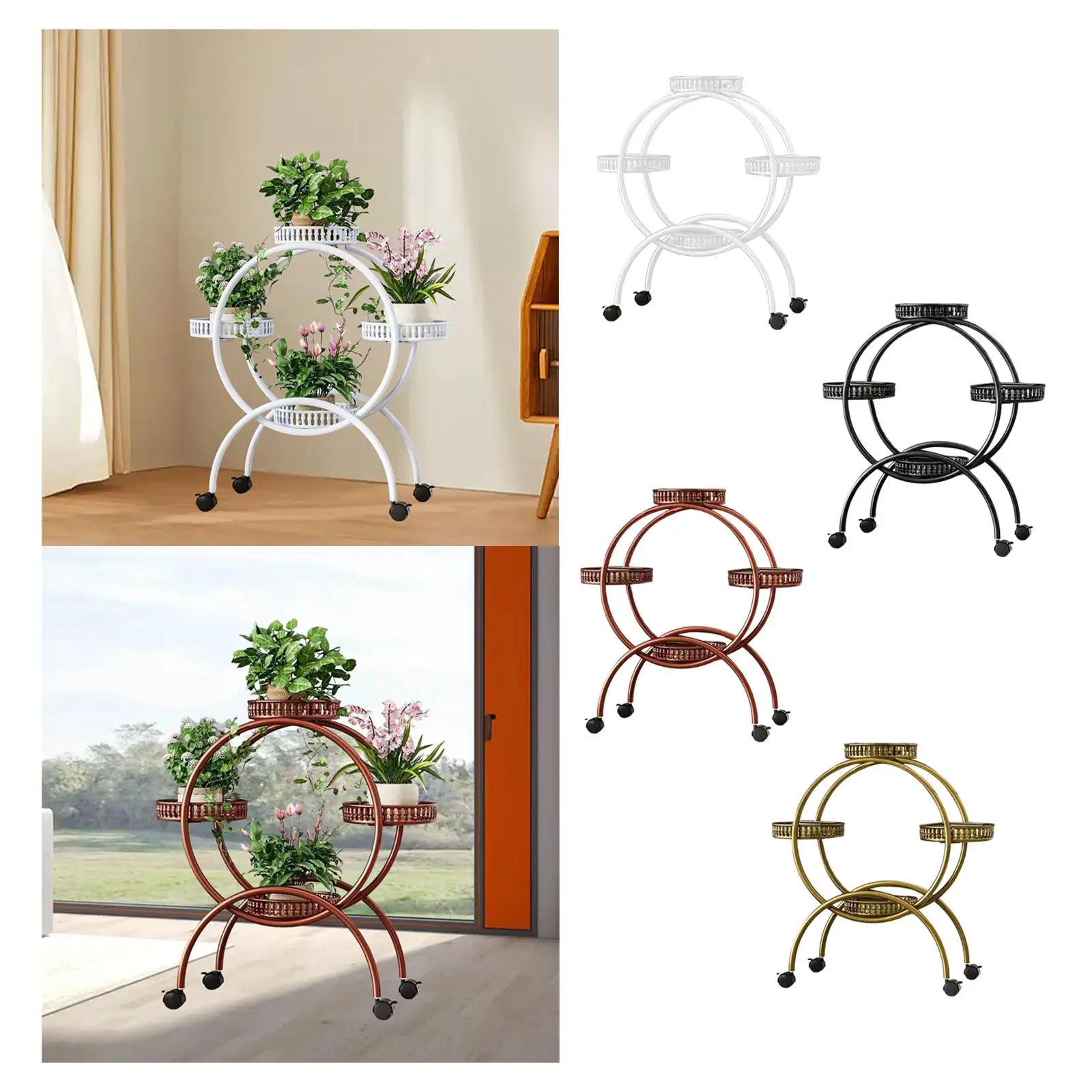 

Plant Stand with Movable Wheels Versatile Multi Layers Iron Plant Shelf Decoration for Patio Balcony Outdoor Indoor Living Room