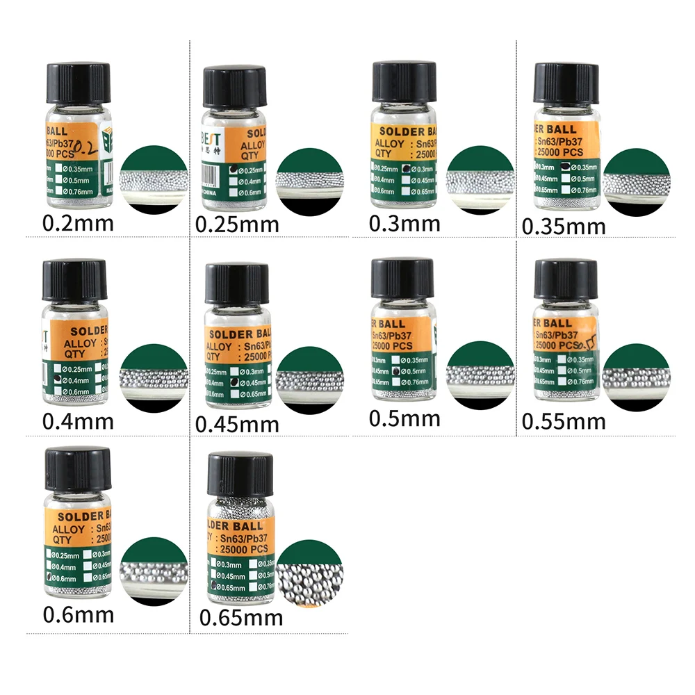 BST-505 Reballing Kit 0.25 0.3 0.35 0.4 0.45 0.5 0.55 0.6 0.65mm BGA Solder Ball sn63/pb3 For IC Chip BGA Rework Repair