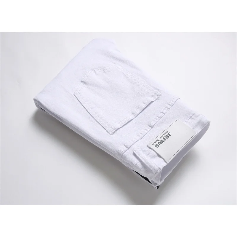 2024new style white embroidered rose jeans men's street cool fashion elastic skinny ripped trousers