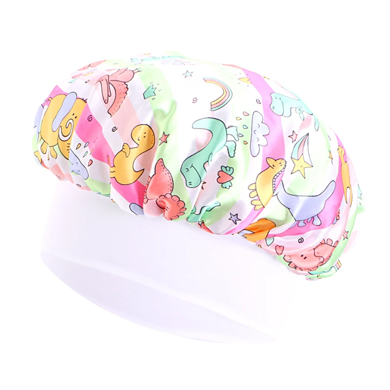 New Kids Bonnet Elastic Print Satin Bonnet Breathable Baby Night Sleep Caps Wide Elastic Band Sleeping Cap for Toddler Child