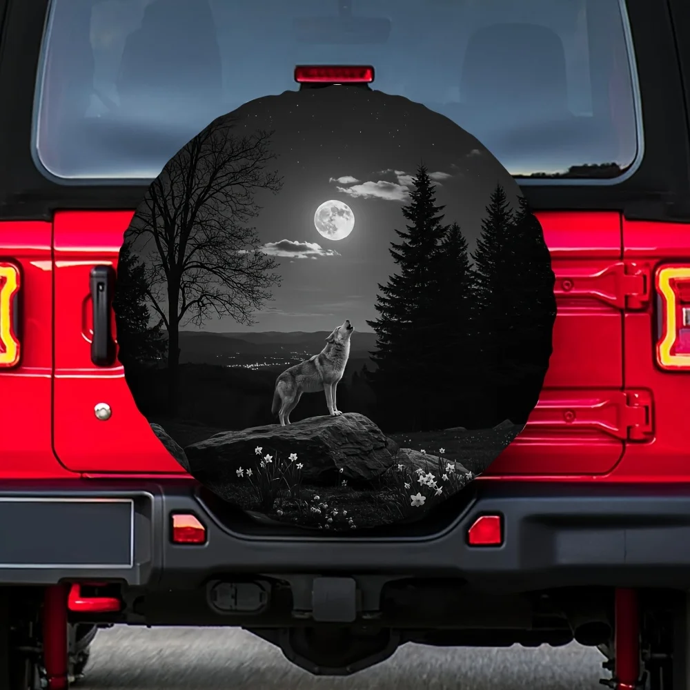

High-Quality Tire Covers Featuring Wolves Howling at The Moon Polyester Suitable for Indoor Use As New Year Gifts