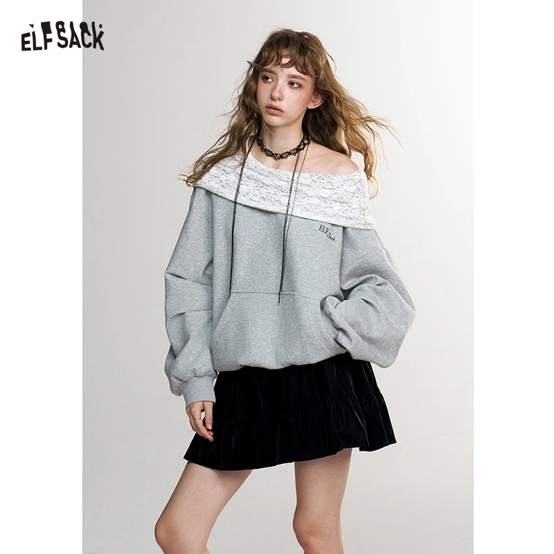 ELFSACK Women's Casual Off Shoulder Sweatshirt with Patterned Collar, Loose Long Sleeve Pullover for Everyday, Chic Gray Top