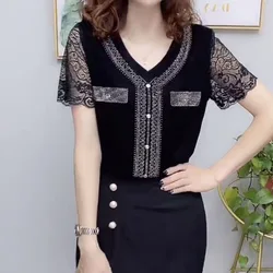 Women New Lace Short Sleeve Fashion Diamonds V-Neck T-shirt Pullovers Korean Elegant Solid All-match Tops Female Clothing Summer