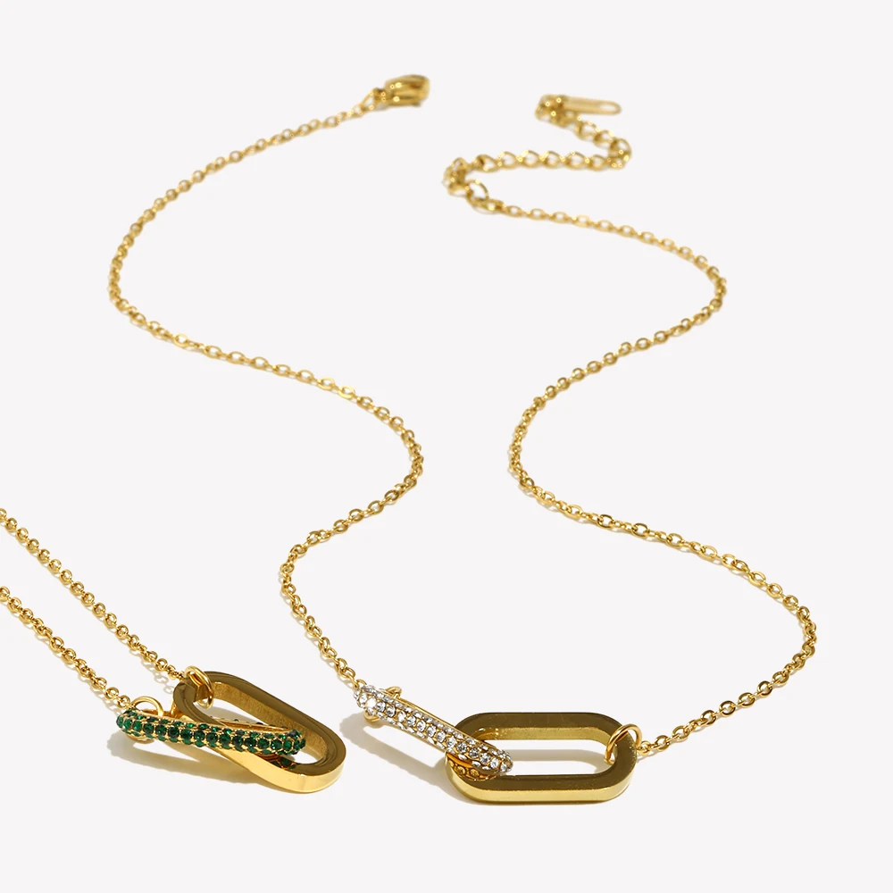 E.B.belle Micro Set Rhinestone Green Pink Paper Clip Link Pendant Necklace For Woman Stainless Steel Necklace Jewelry For Party