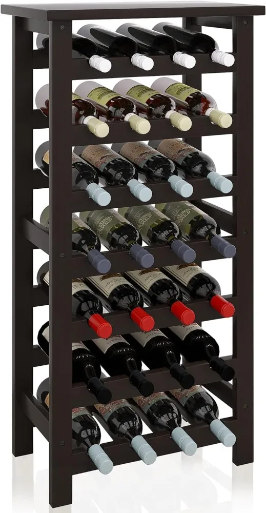 SMIBUY-Cremalheira de vinho de bambu com mesa, suporte de exibição, 28 garrafas, sem 7 camadas, prateleiras de armazenamento para cozinha