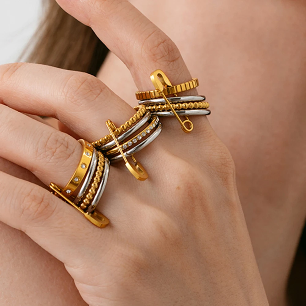 

Luxury Paperclip Stacking Rings with Cubic Zircon 18K Gold Plated Stainless Steel Minimalist Safety Pin Rings Trendy Jewelry