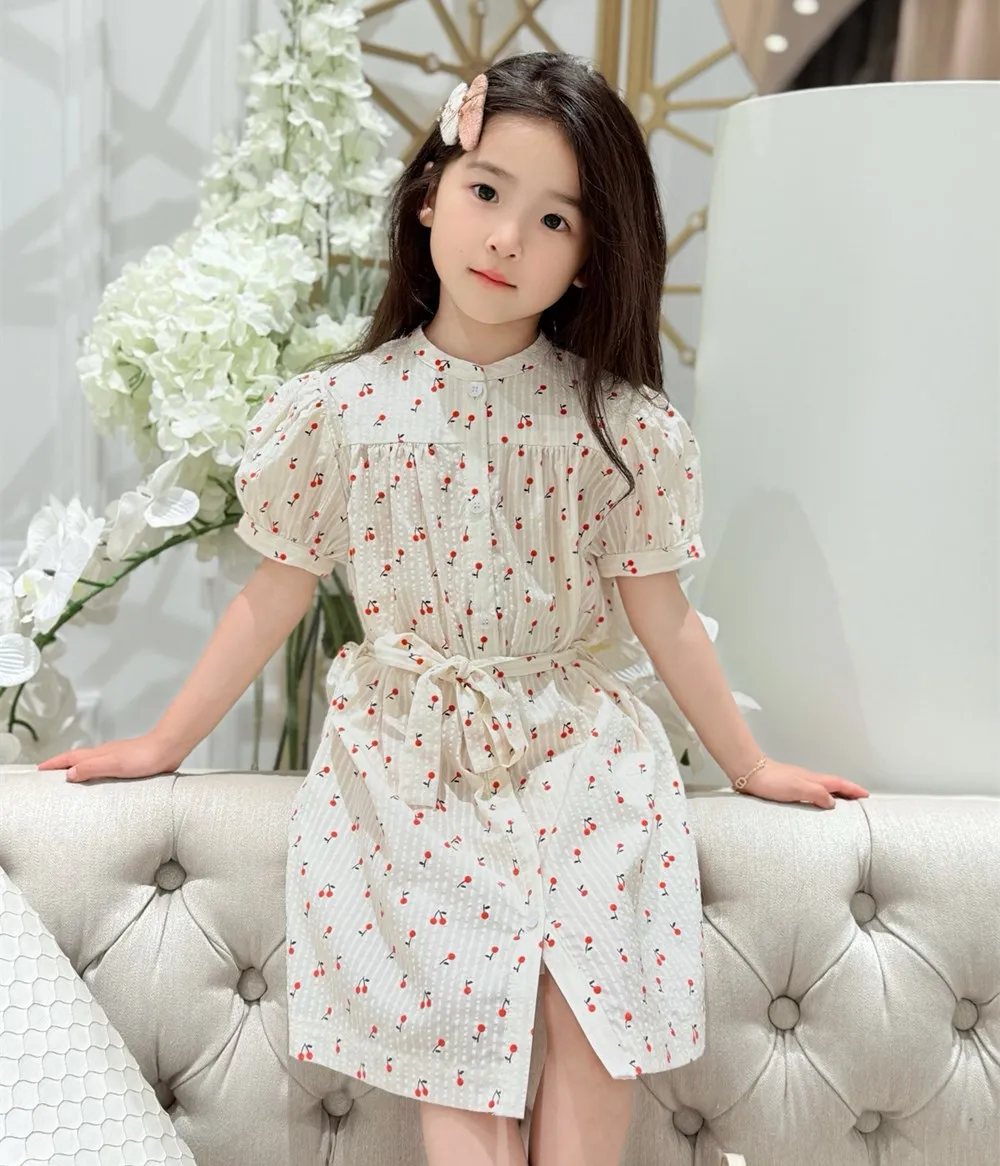 

spring baby girls clothes kids dresses girl dress beige color cherry patterned floral dress filled Girls' summer belt dress