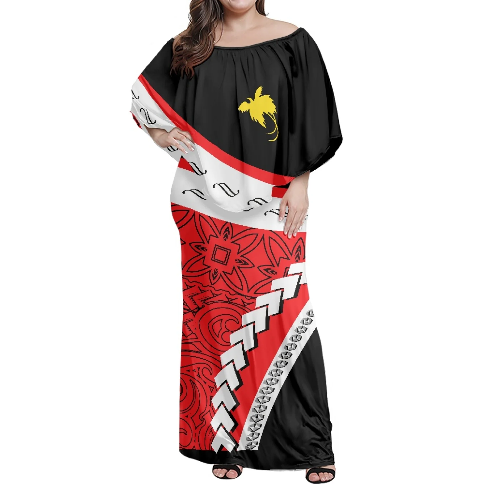 Sublimation Print Polynesian Tribal Design Ethnic Style Women Ruffle Long Dress Elegant Female Casual Dress Quality Dress