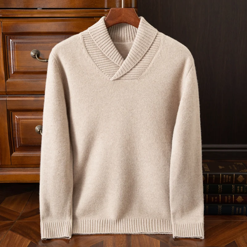 Men's Round Neck Pullover Cashmere Knit Bottoming Shirt 100% Pure Wool Loose Solid Color Casual Jacquard Sweater