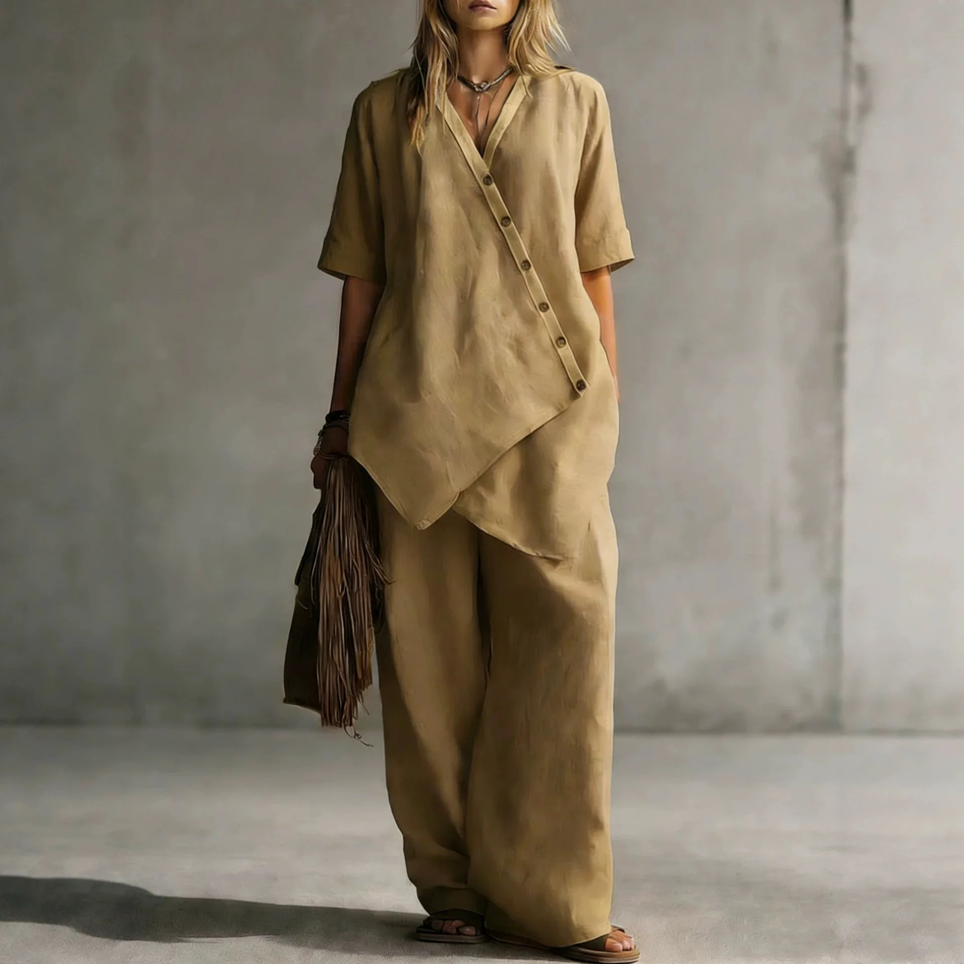 Casual V-neck Short-sleeved Loose Pure Color Sweater Cardigan Long Pants Two-piece Set Comfortable Breathable Cotton Linen Blend view 2