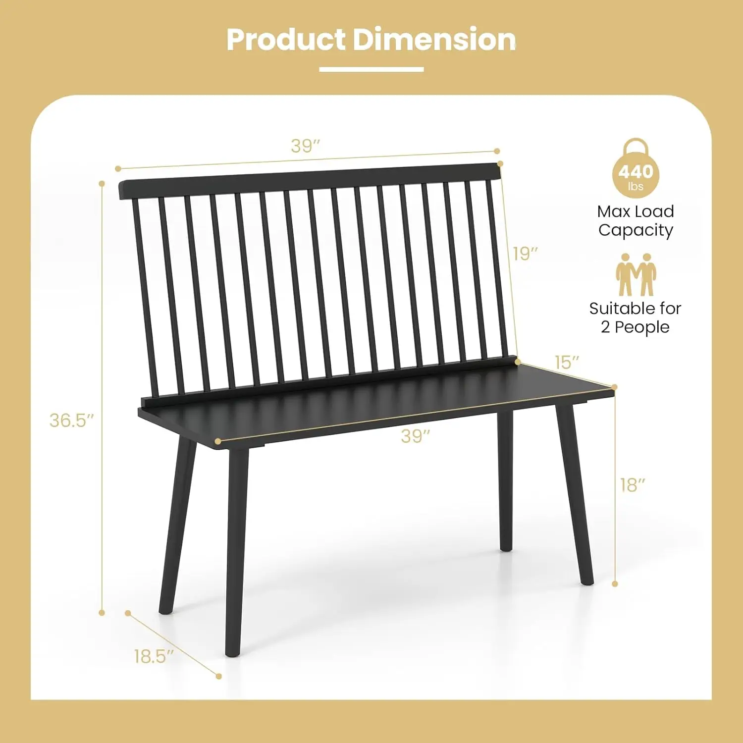 

Giantex Dining Bench With Back, Black Windsor Bench With Spindle Back & Anti-Slip Foot Pads, Farmhouse Rubber Wood Dining