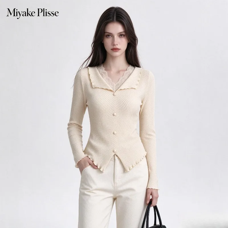 Women's Pleated 2026 Autumn New Original Casual Solid Color Slim Fit Pleated Irregular Ruffled Hem Split Hem Women's Top Pleat
