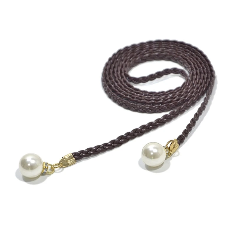 Vintage Knot Braided Thin Belt for Women White Pearl Decors Ladies Dress Belt Dropship