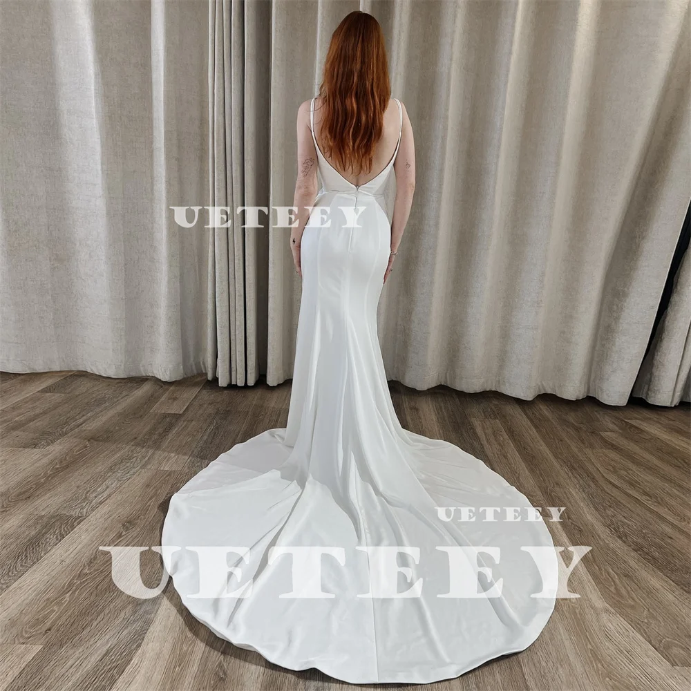 UETEEY Customized Simple Sleeveless Pleats V Neck Crepe Mermaid Wedding Dress High Slit Open Back Floor Court Train Bridal Gown