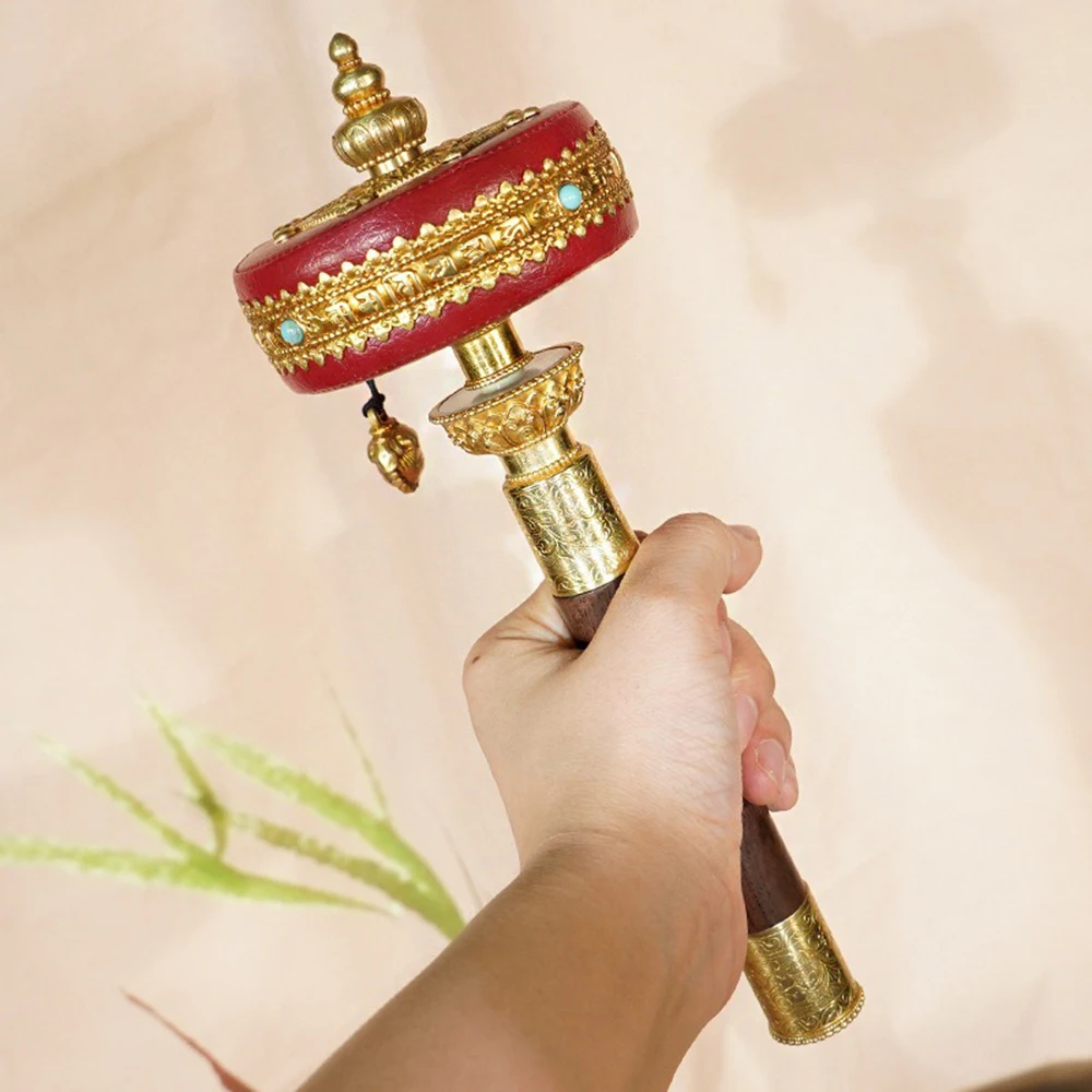 

1pc, Red leather hand cranked prayer wheel, Tibetan six-character mantra scripture wheel lotus copper base, Buddhist ornaments