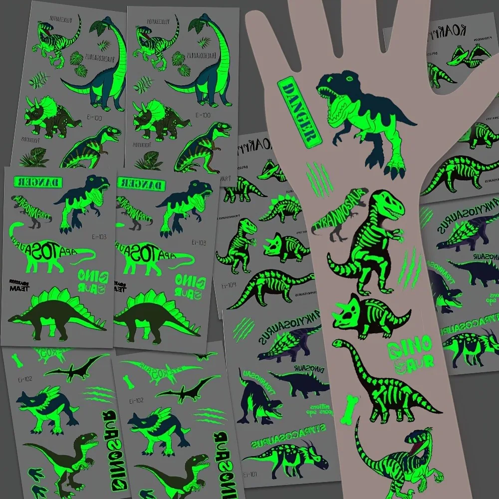 

24 Sheets Luminous Dinosaur Temporary Tattoos, Waterproof Glow In The Dark T-Rex Pterosaur Velociraptor Triceratops Stegosaur De