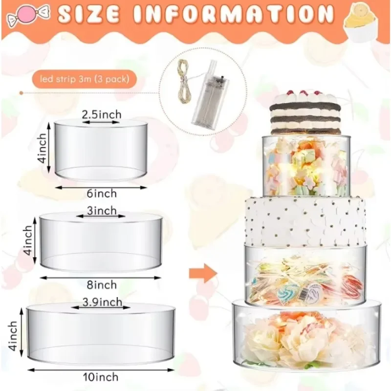 Hot Selling Round Clear Wedding Acrylic Cake Stand Display With LED Lights 3Tier Case Cylinder Fillable Separation Gifts Box