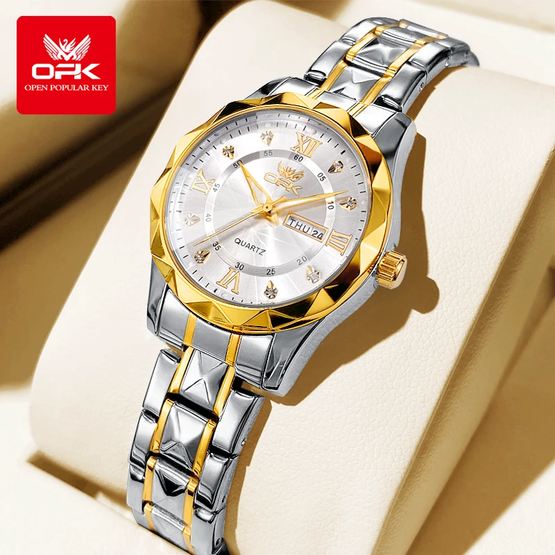OPK Women Watches 6023L Elegant Fashion Original Quartz Watch for Lady Waterproof Stainless Steel Strap Small Dial Luminous Date